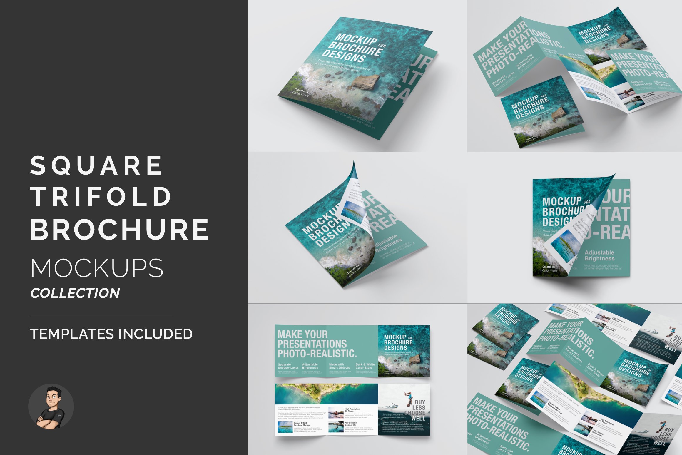 Square Trifold Brochure Mockups cover image.