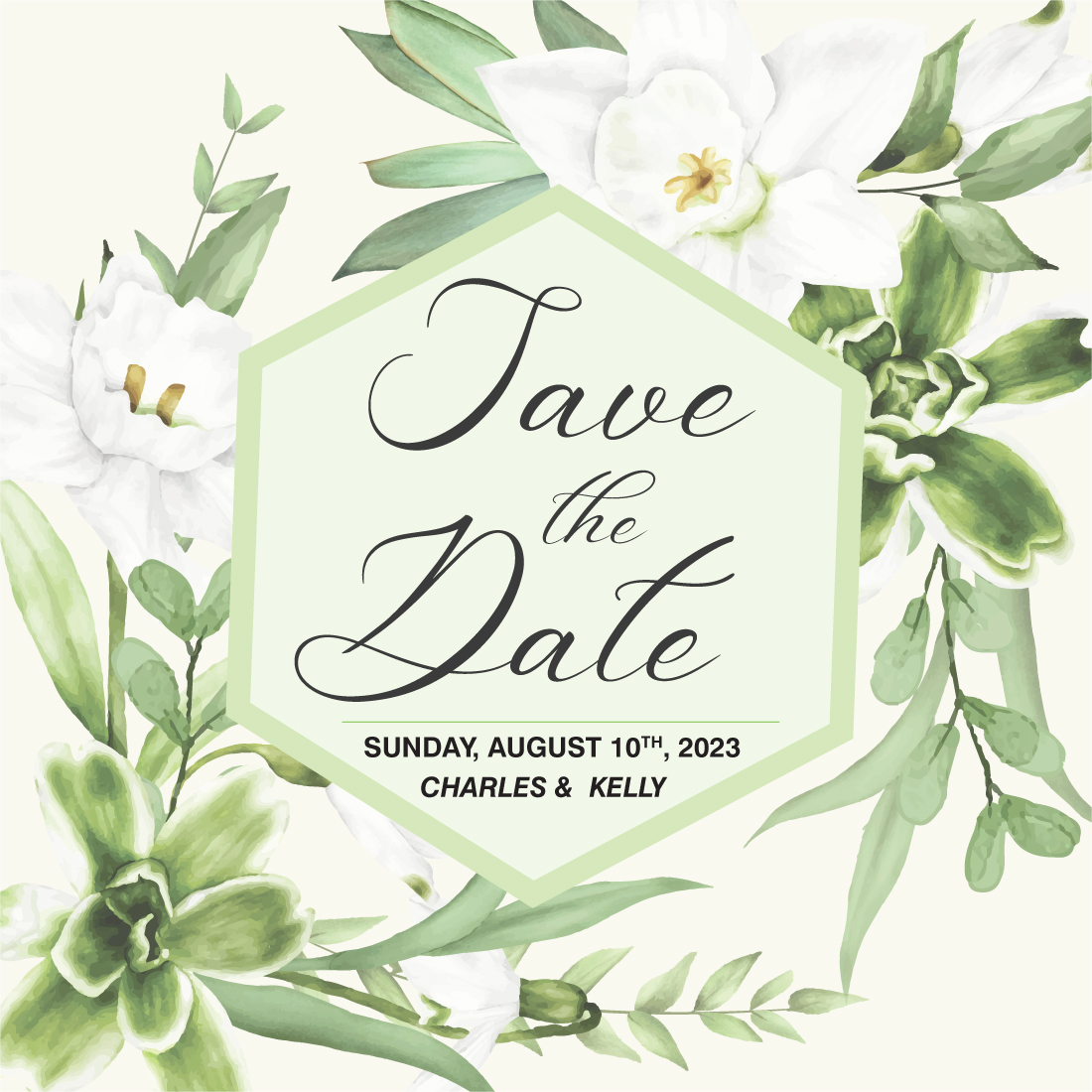 Save the date card with white flowers and green leaves.