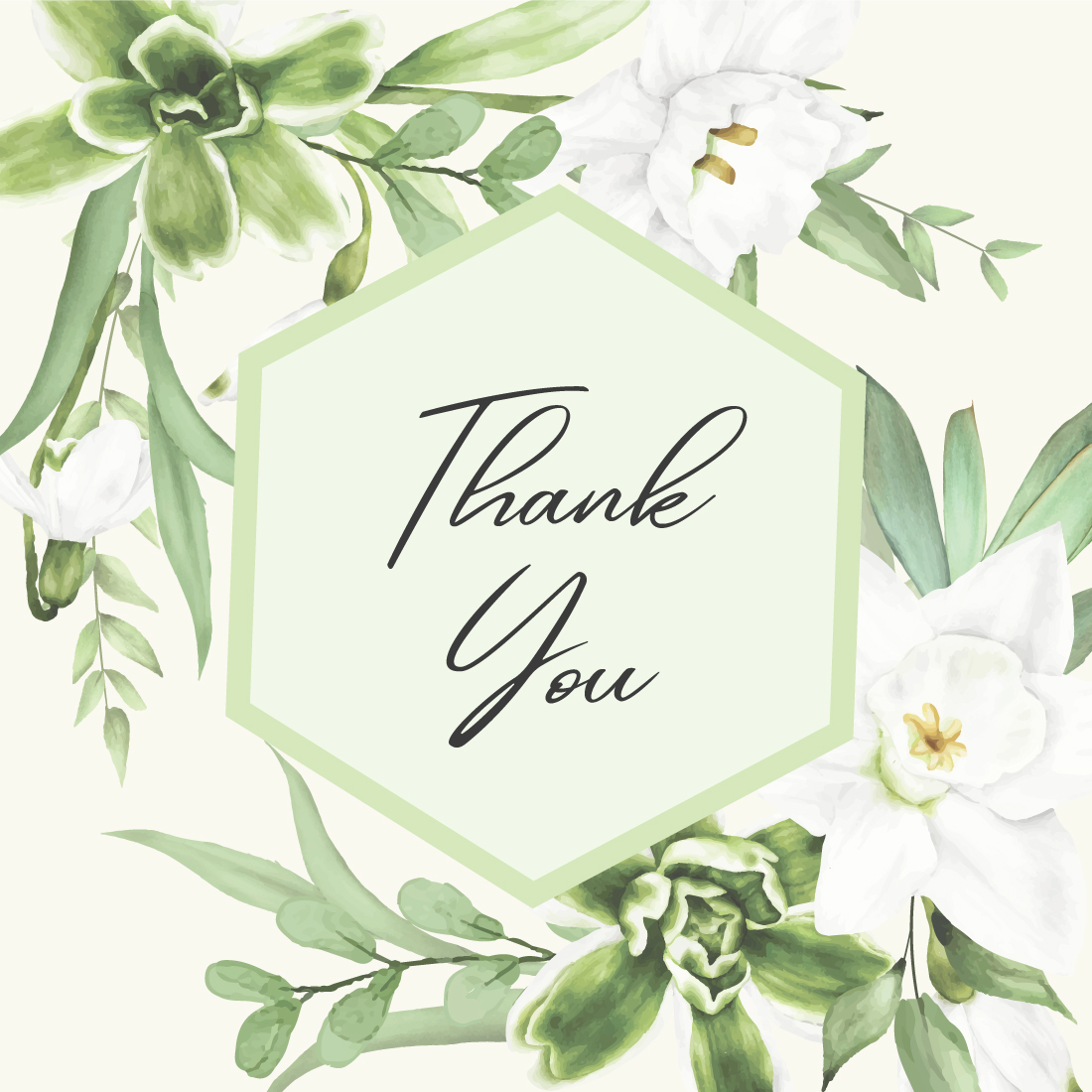 Thank card with white flowers and green leaves.