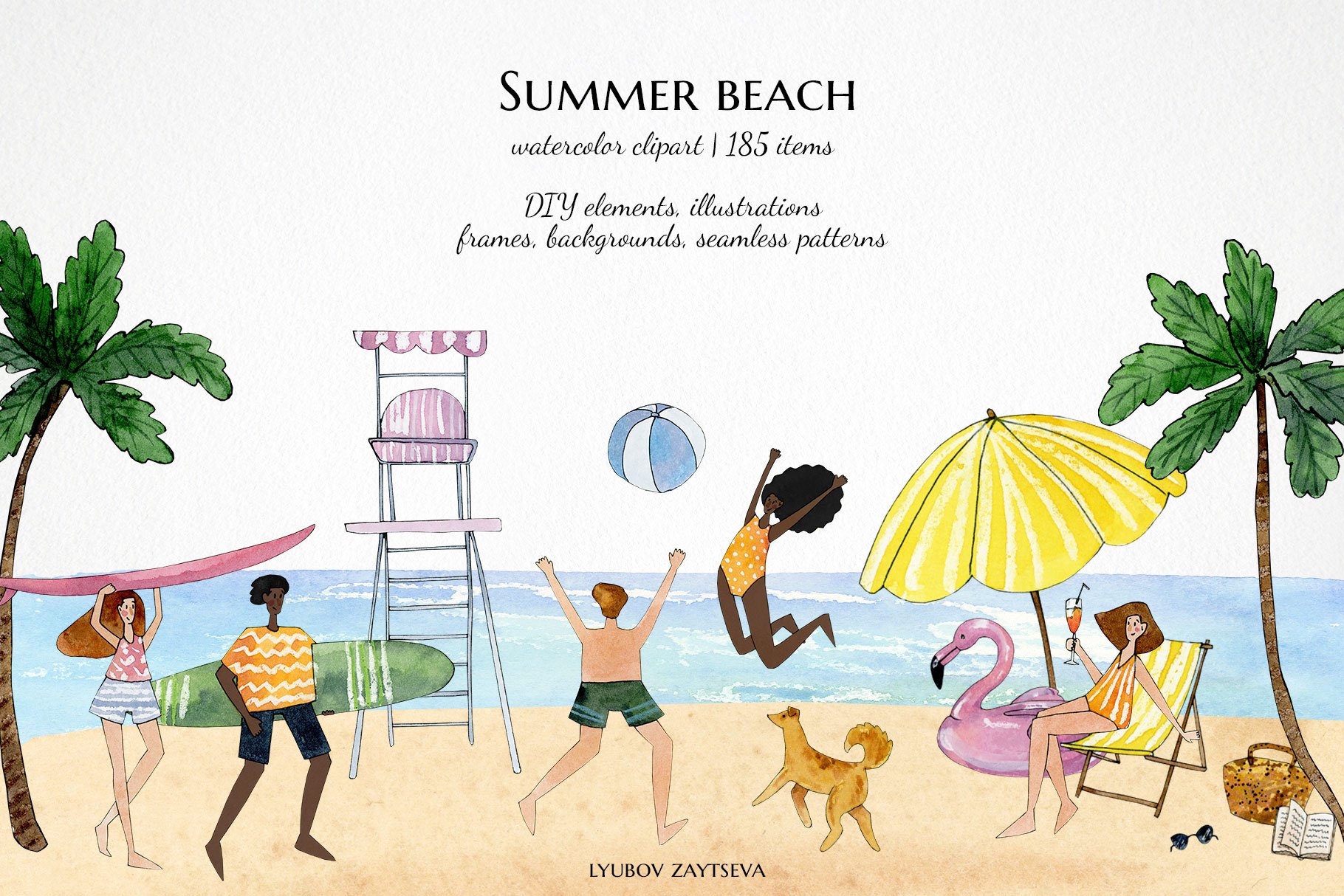watercolor summer beach clipart cover image.