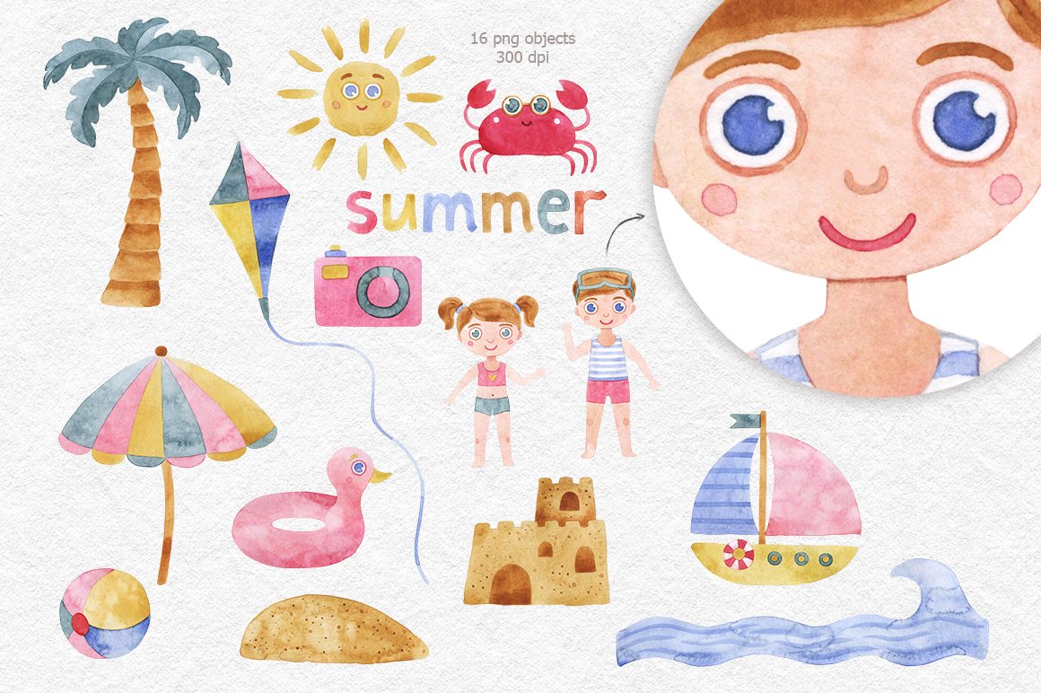 Summer beach clipart preview image.