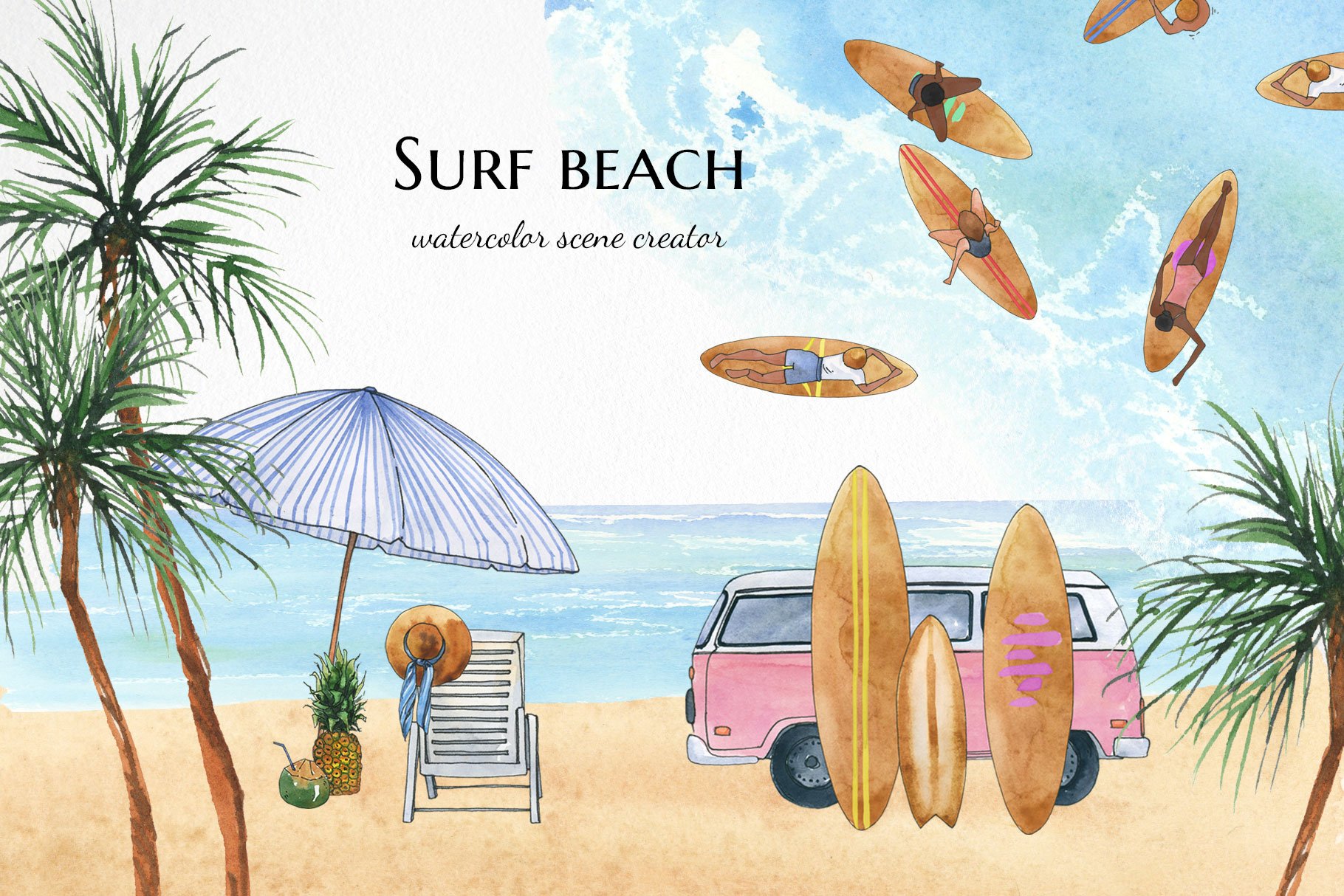 Surfing camp van watercolor clipart cover image.