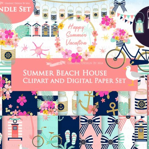 Beach House Clipart+Pattern set cover image.