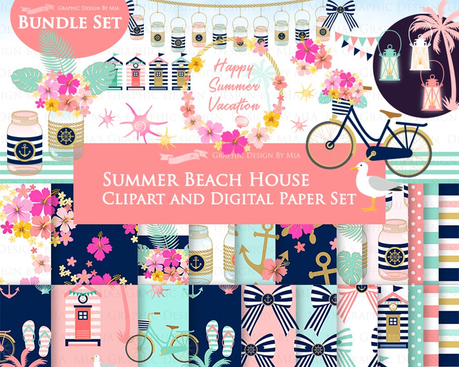 Beach House Clipart+Pattern set cover image.
