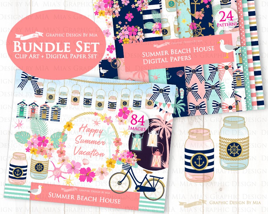 Beach House Clipart+Pattern set preview image.