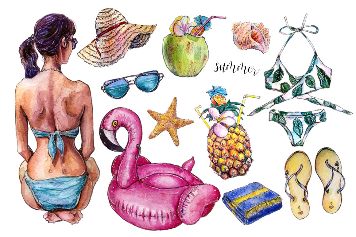 Watercolor Summer Clipart preview image.