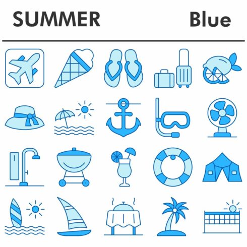 Summer icons set, blue style cover image.