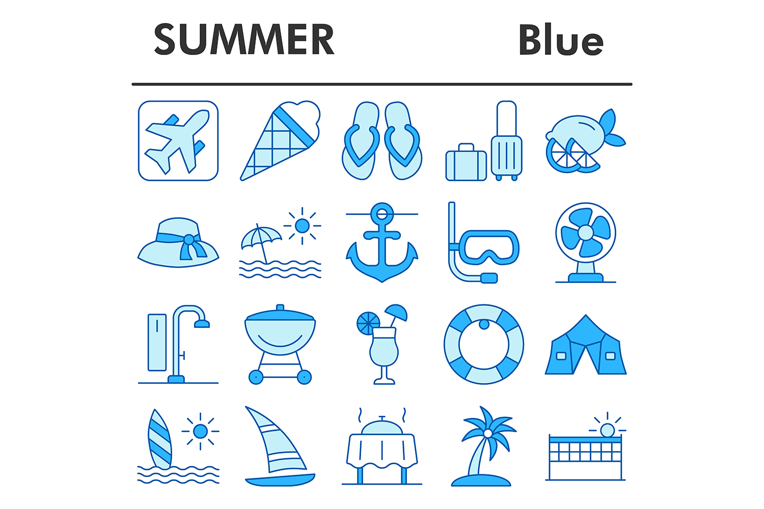 Summer icons set, blue style pinterest preview image.