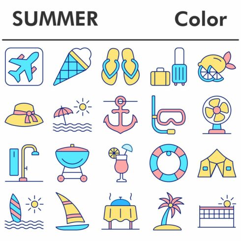 Summer icons set, color style cover image.