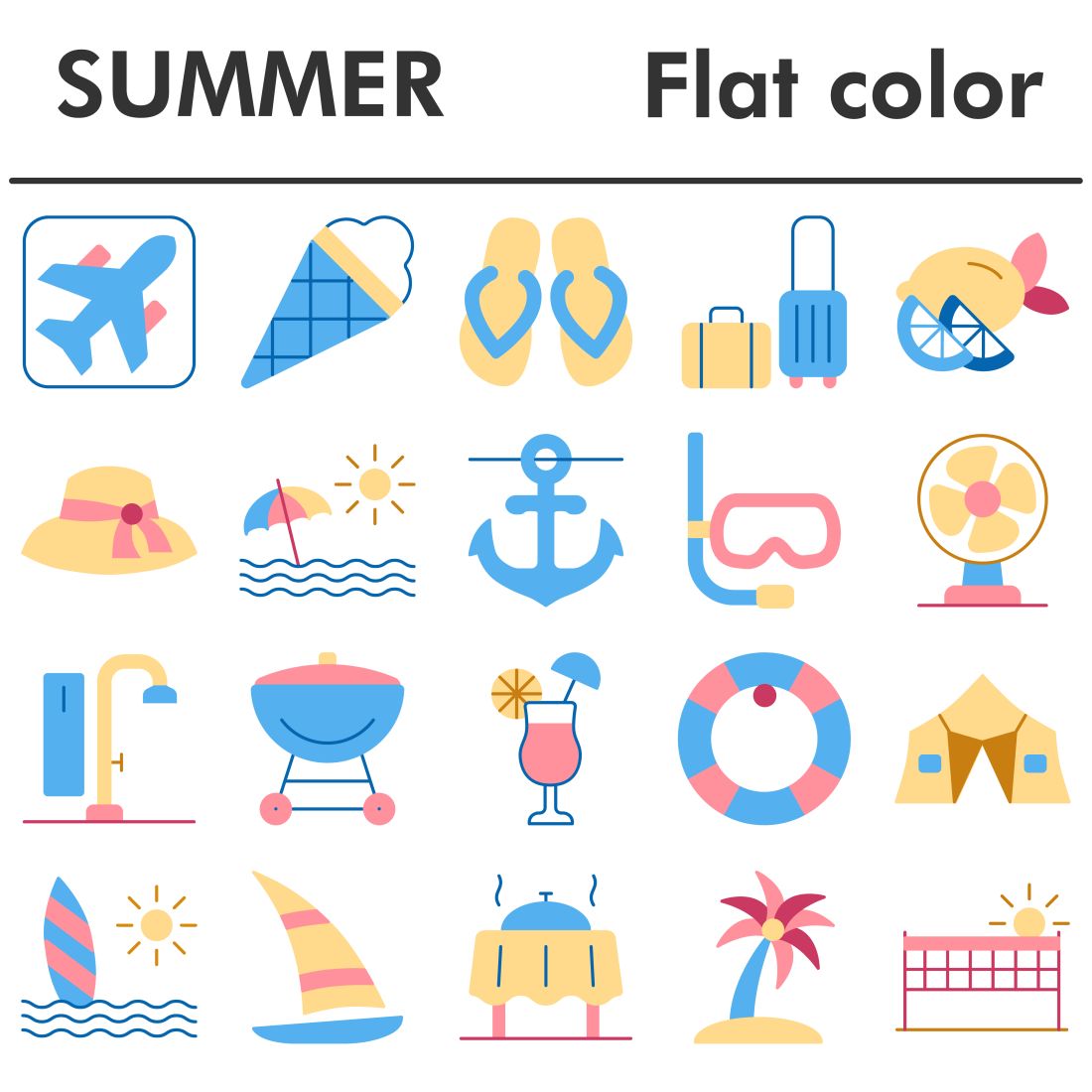 Summer icons set, flat color style cover image.