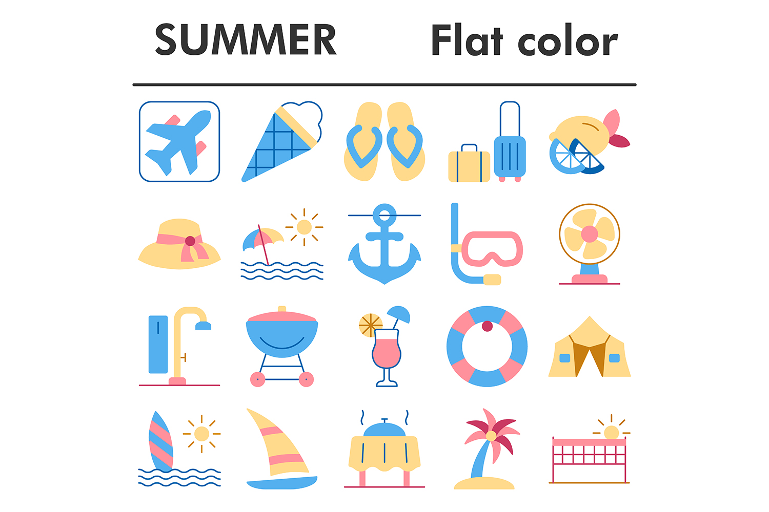 Summer icons set, flat color style pinterest preview image.