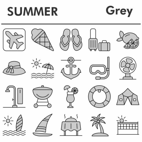 Summer icons set, gray style cover image.