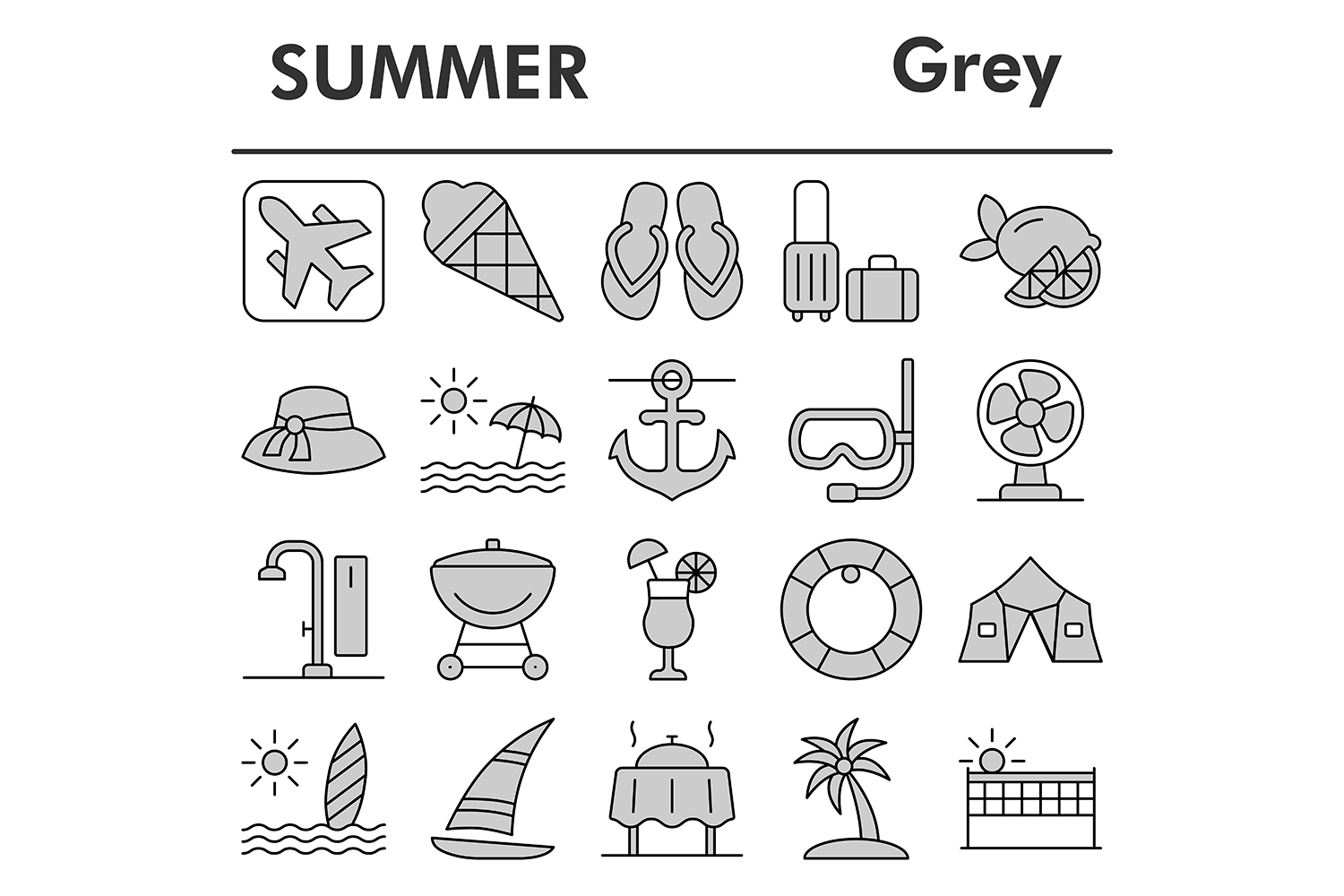 Summer icons set, gray style pinterest preview image.