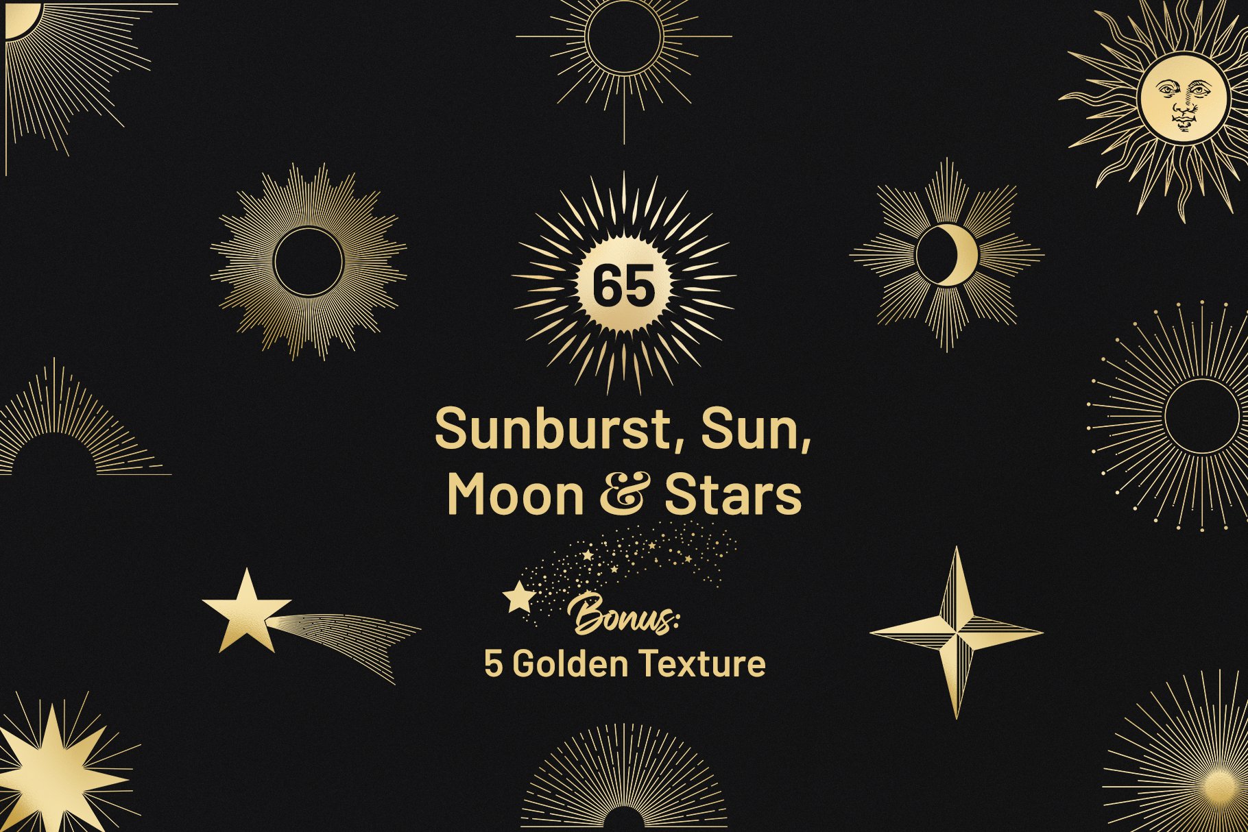 Sunburst, Sun, Moon & Stars vectors cover image.