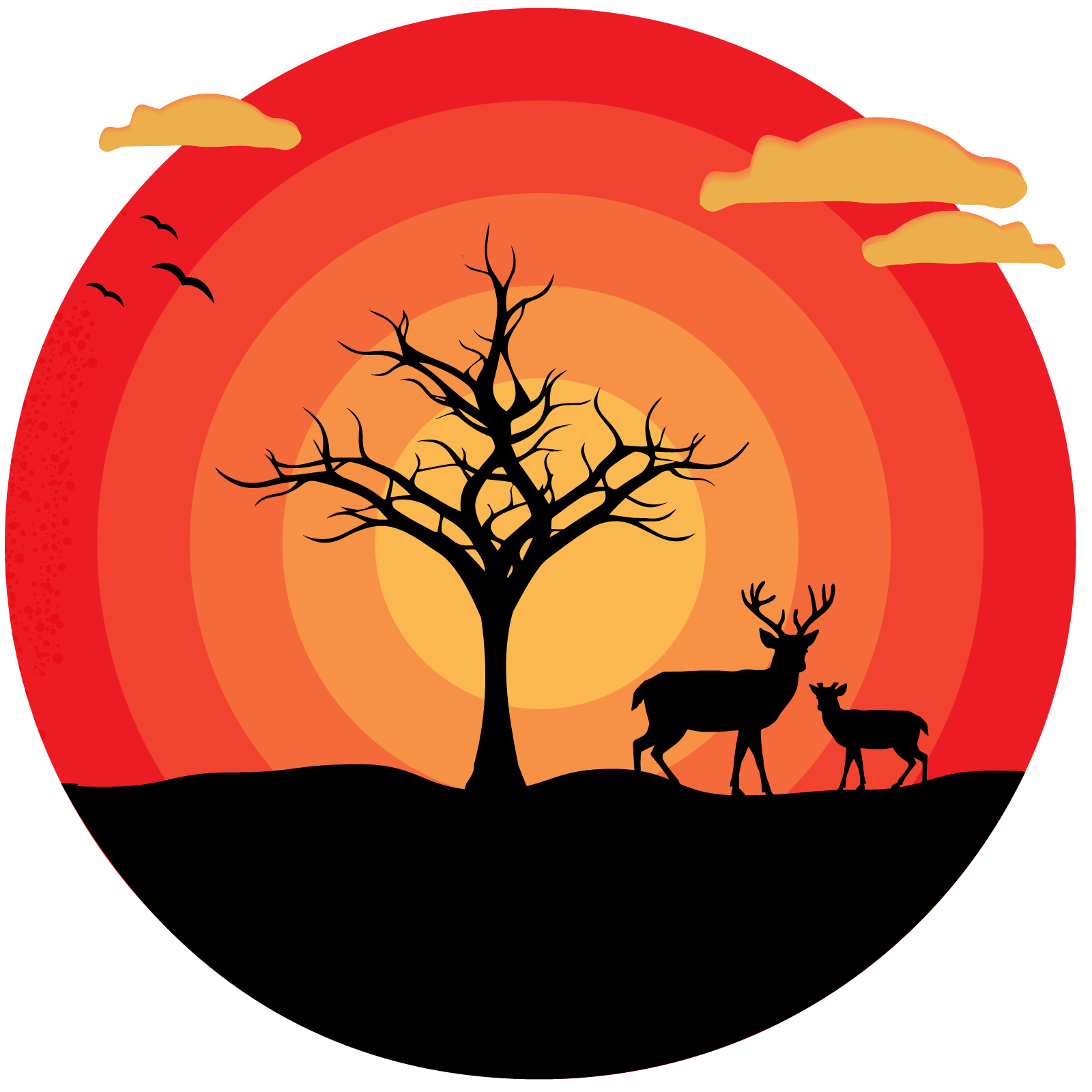 Silhouette of a deer and a tree with a sunset in the background.