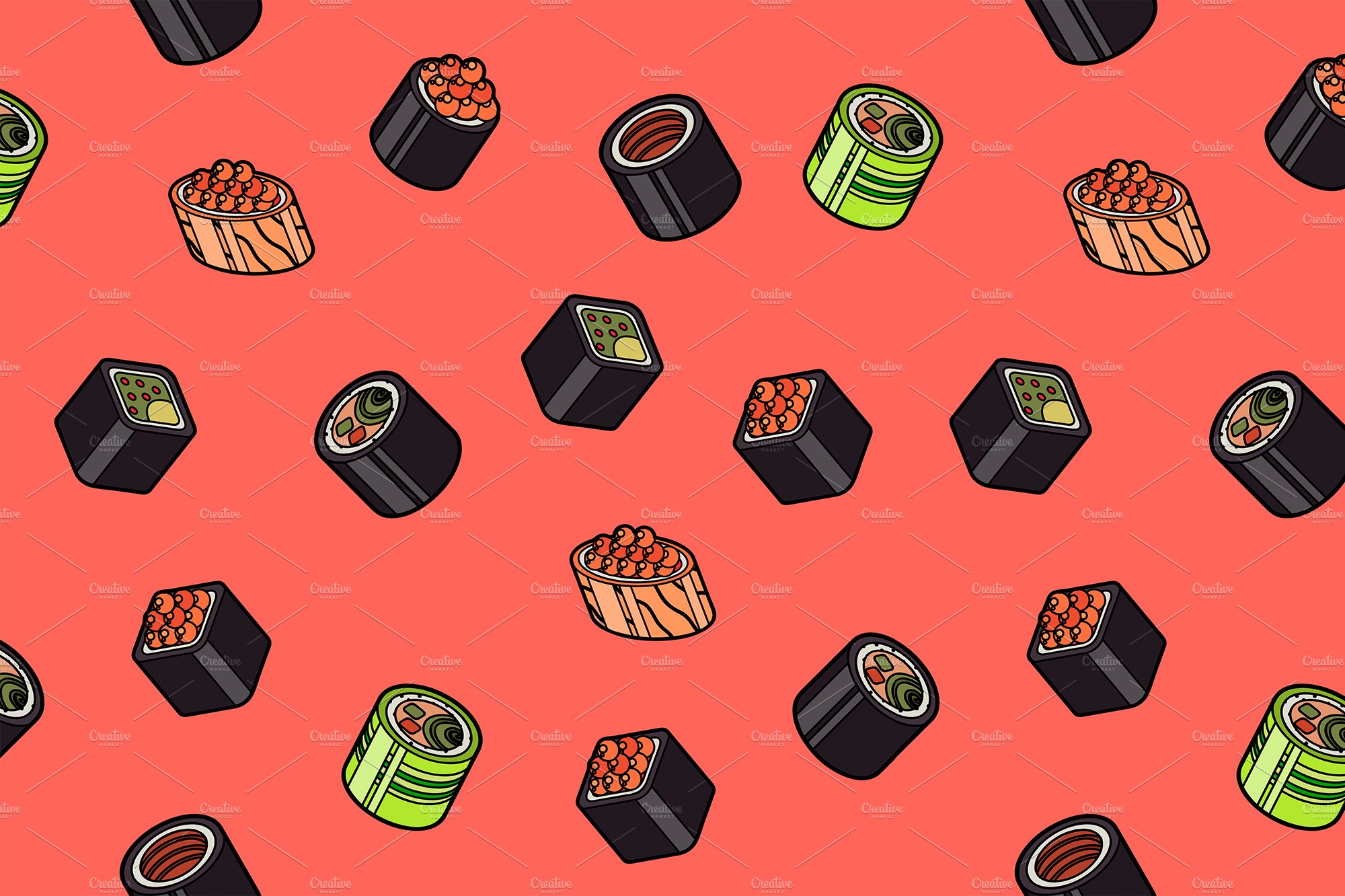 Sushi flat outline isomeric pattern cover image.
