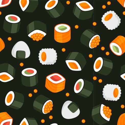 Seamless Sushi Roll Pattern on Black cover image.
