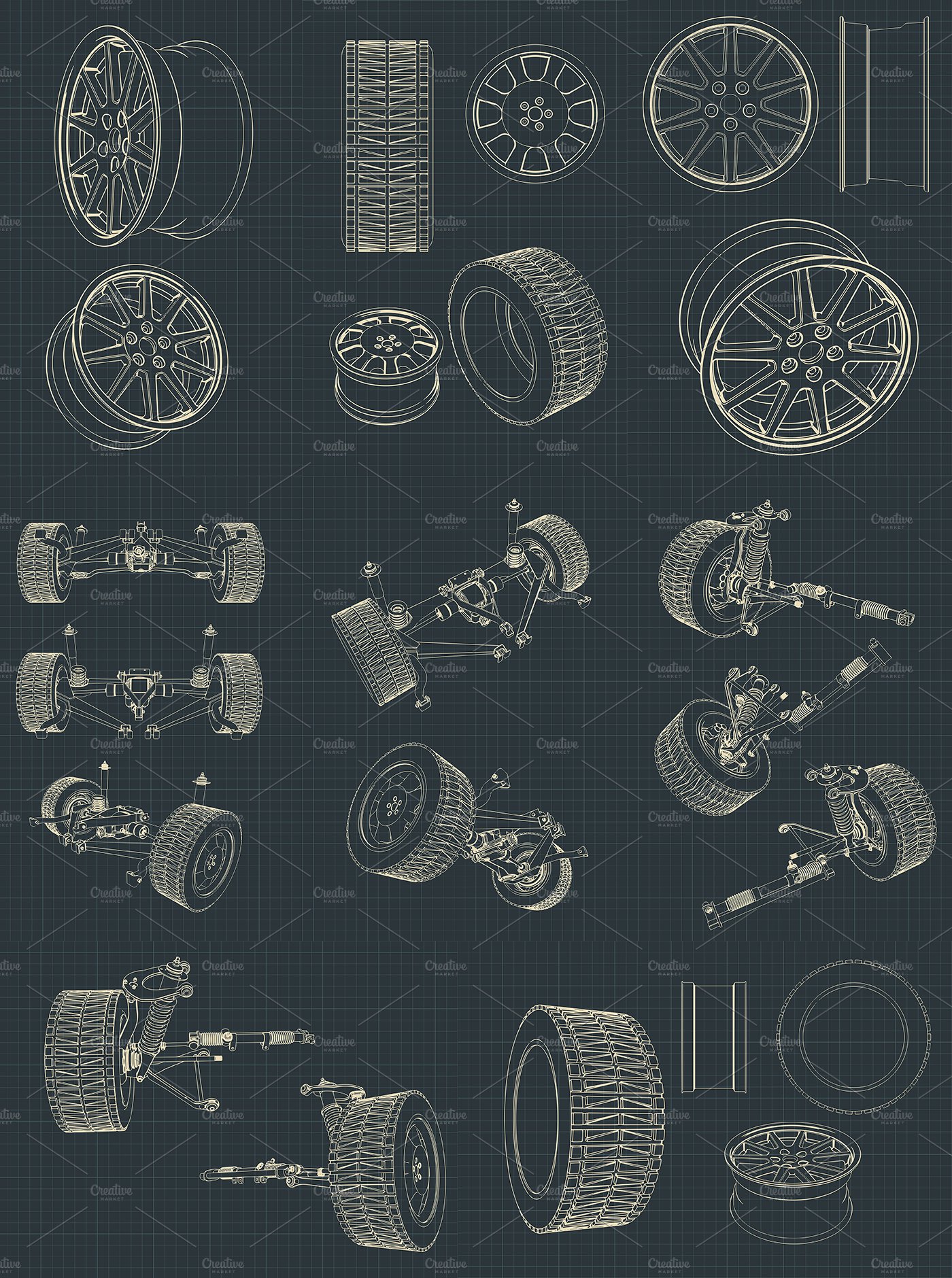 Car suspension and alloy wheels Set cover image.