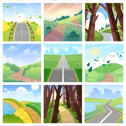 Road landscape vector roadway in forest or way to field lands with grass an... cover image.