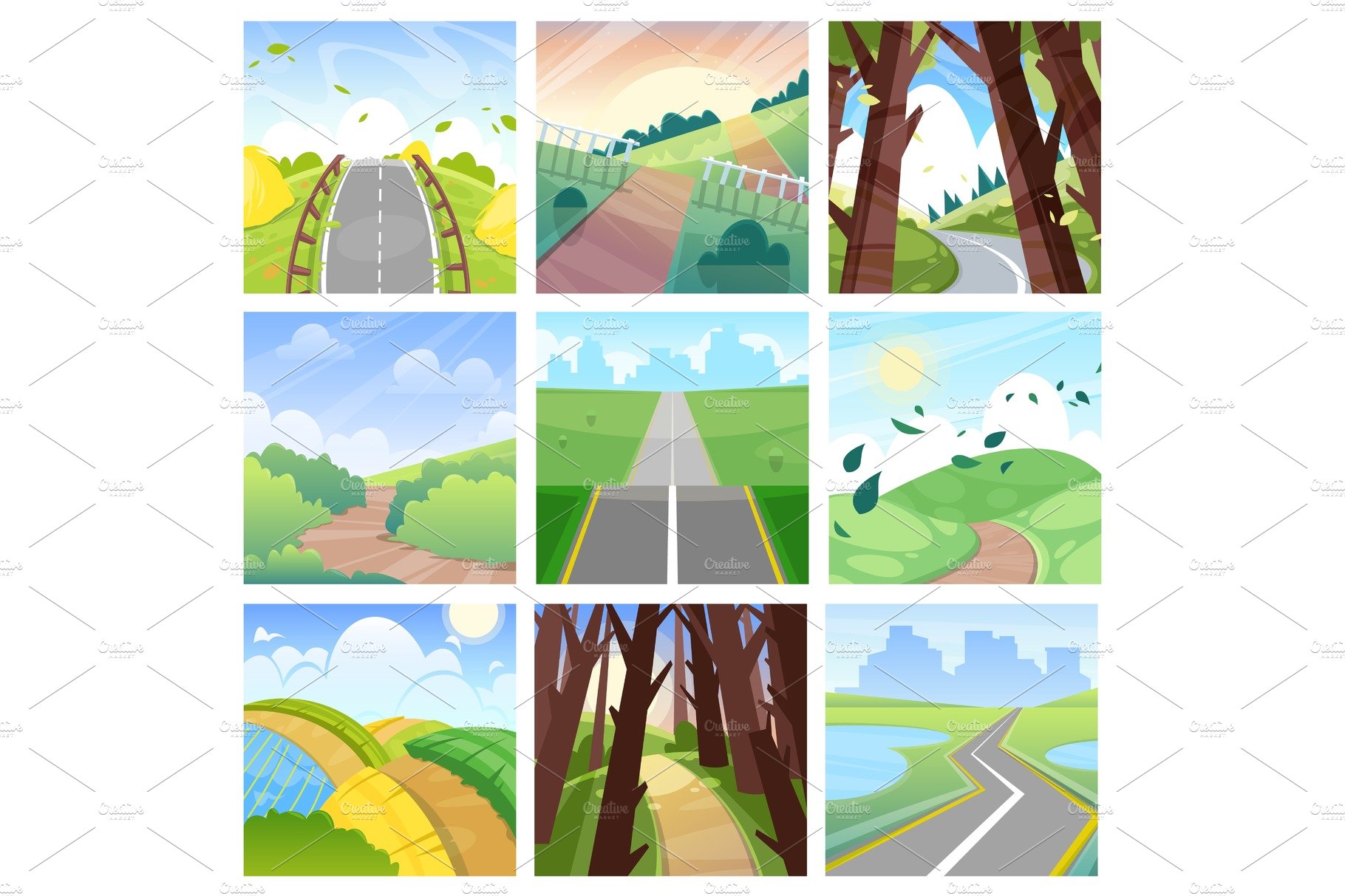 Road landscape vector roadway in forest or way to field lands with grass an... cover image.