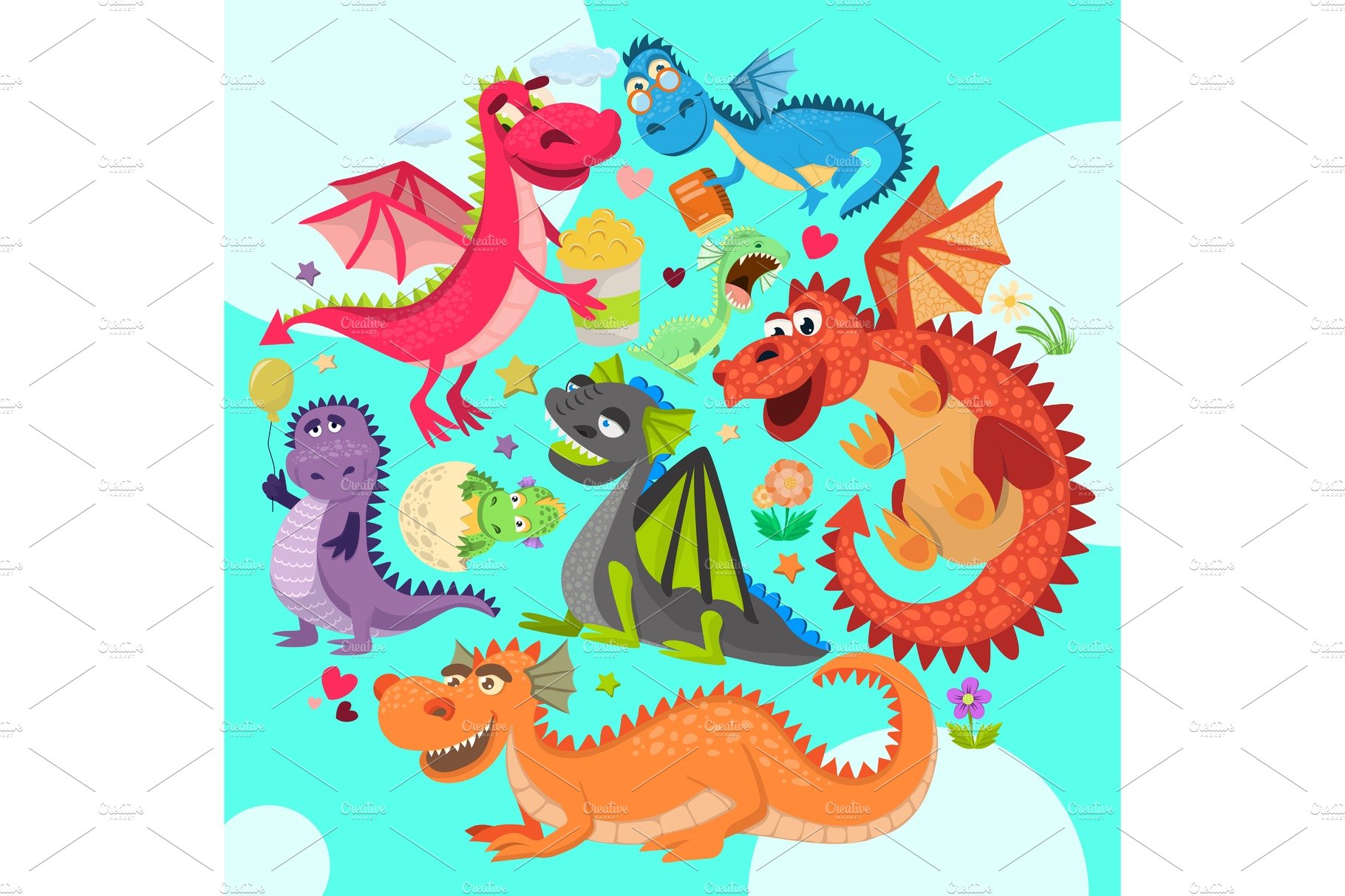 Baby dragons round pattern vector cover image.