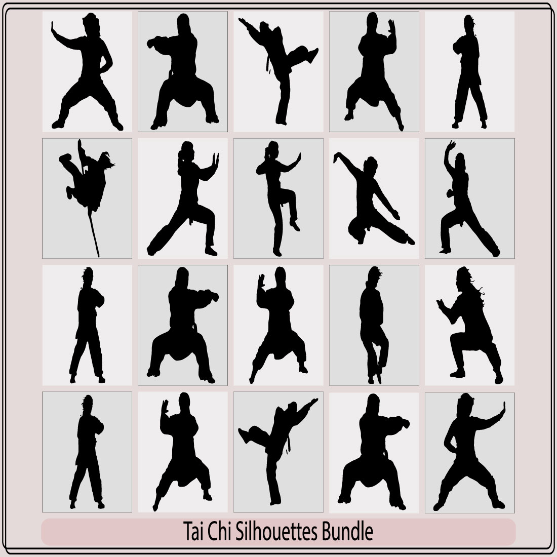 silhouettes of people practicing Tai Chi,Martial Art Kung Fu Tai Chi Self Defense Exercise Fight Master People Man,Tai Chi Chuan man silhouette vector cover image.