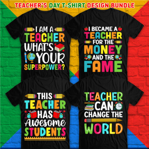 4 Teacher s day typography bundle t-shirt Design Vector Template cover image.