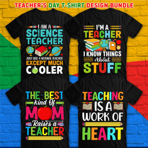 4 Trendy and amazing typography Teacher's day bundle T-Shirt Design template cover image.