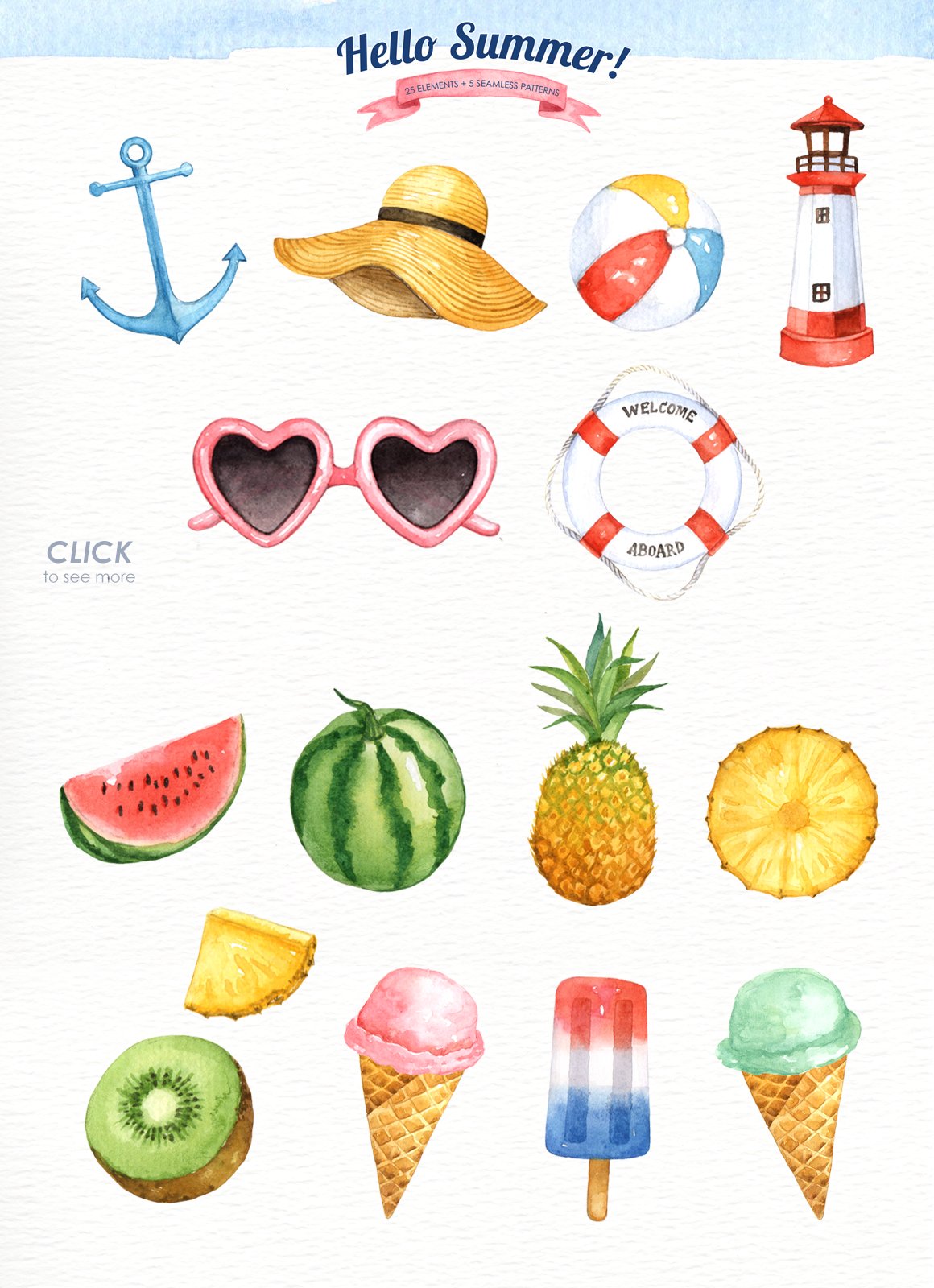 Hello Summer Watercolor Clipart preview image.