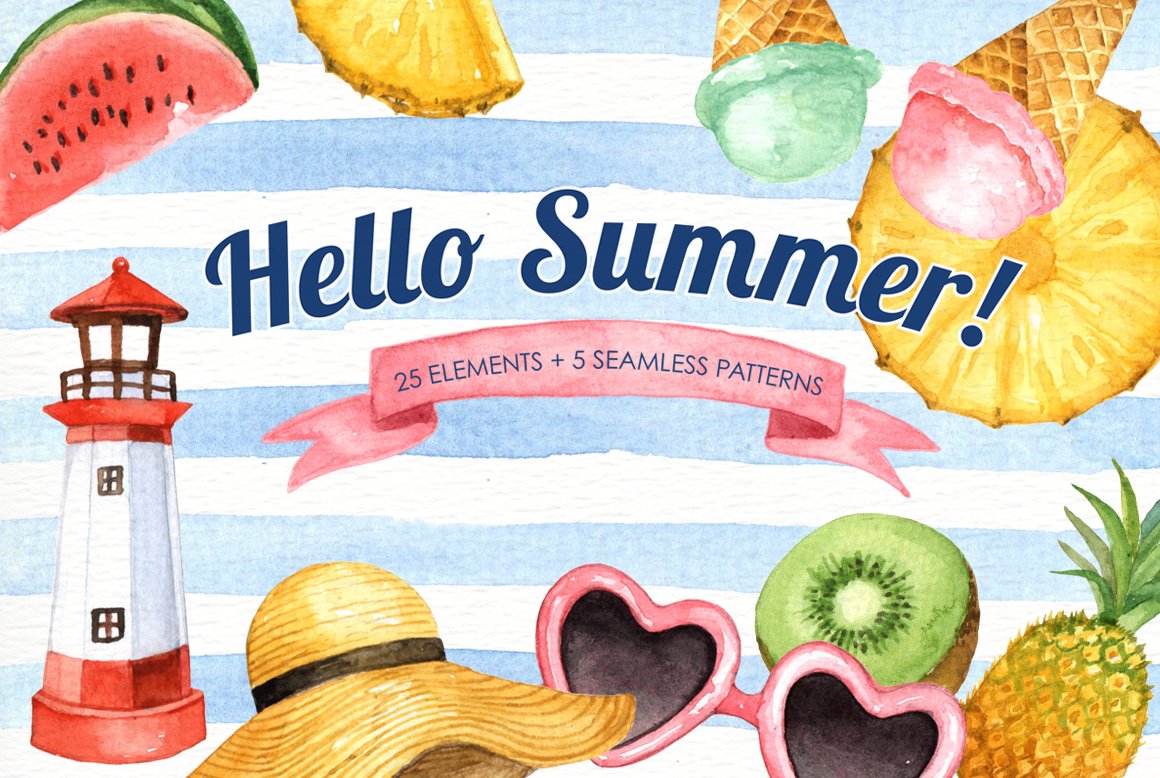Hello Summer Watercolor Clipart cover image.