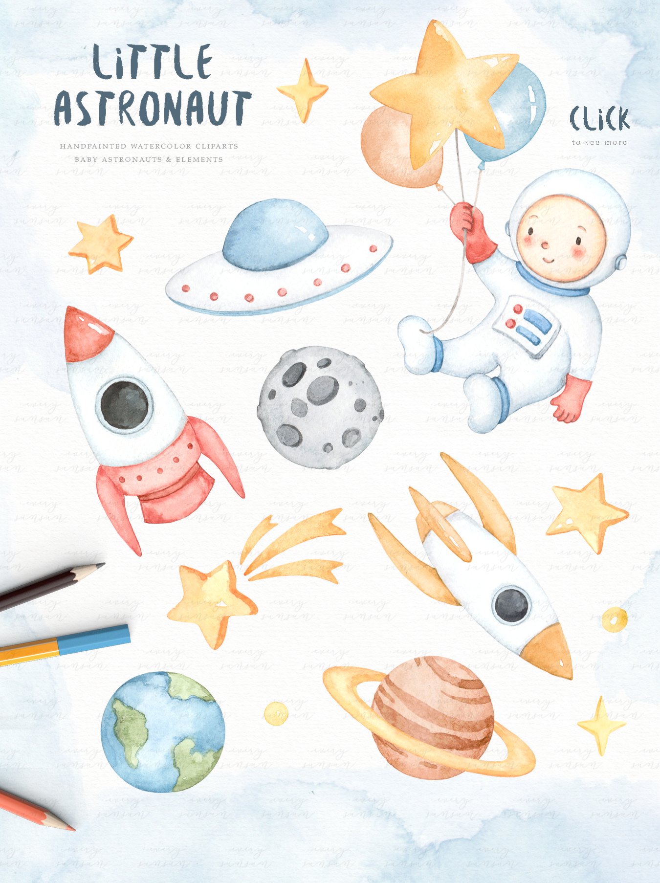 Little Astronaut Watercolor Clip Art preview image.