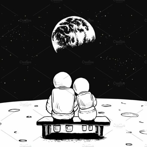 Astronaut girl and boy sits on bench cover image.