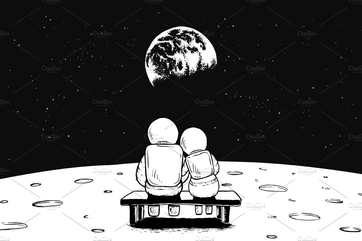 Astronaut girl and boy sits on bench cover image.