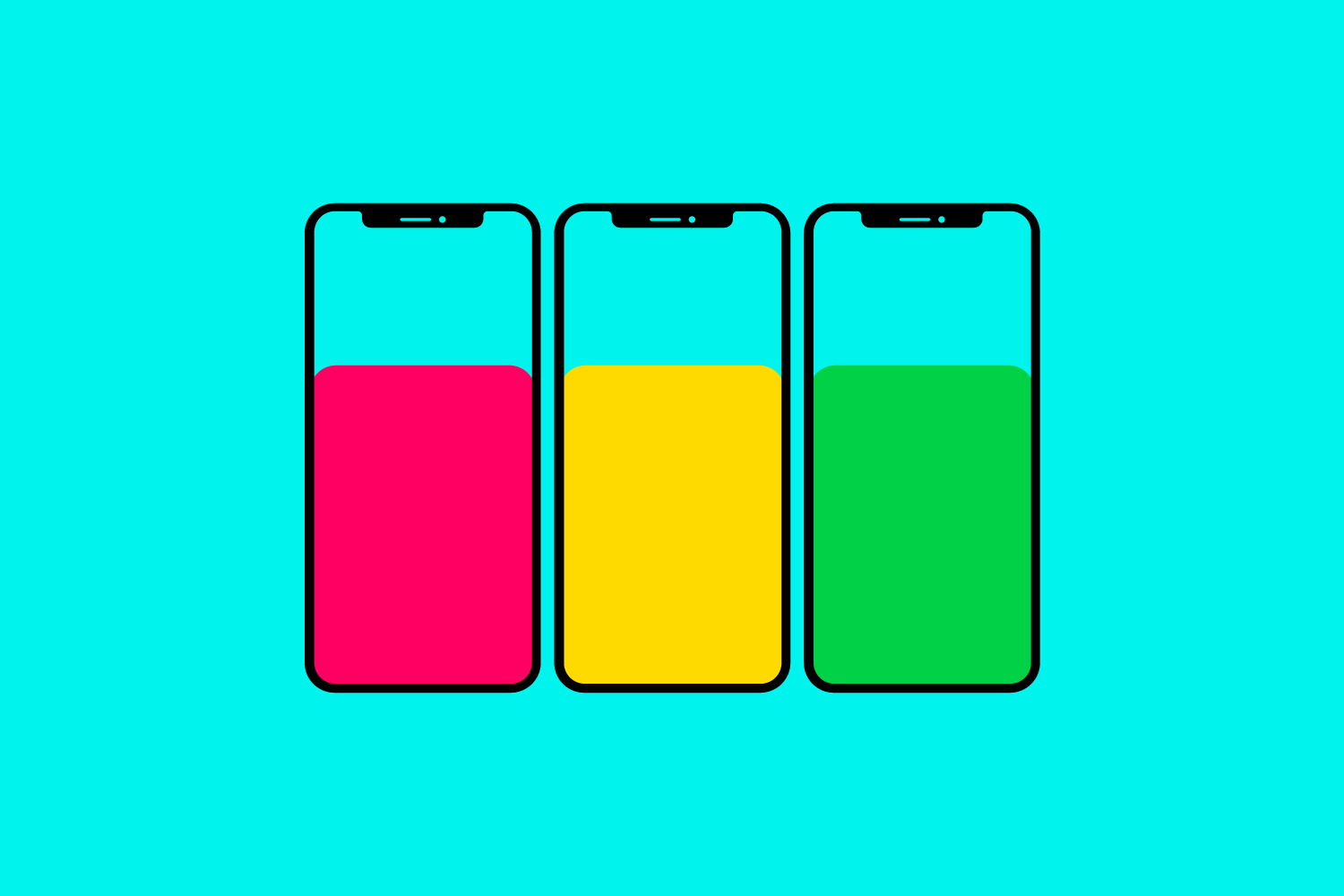 Three cell phones with different colored liquids on them.