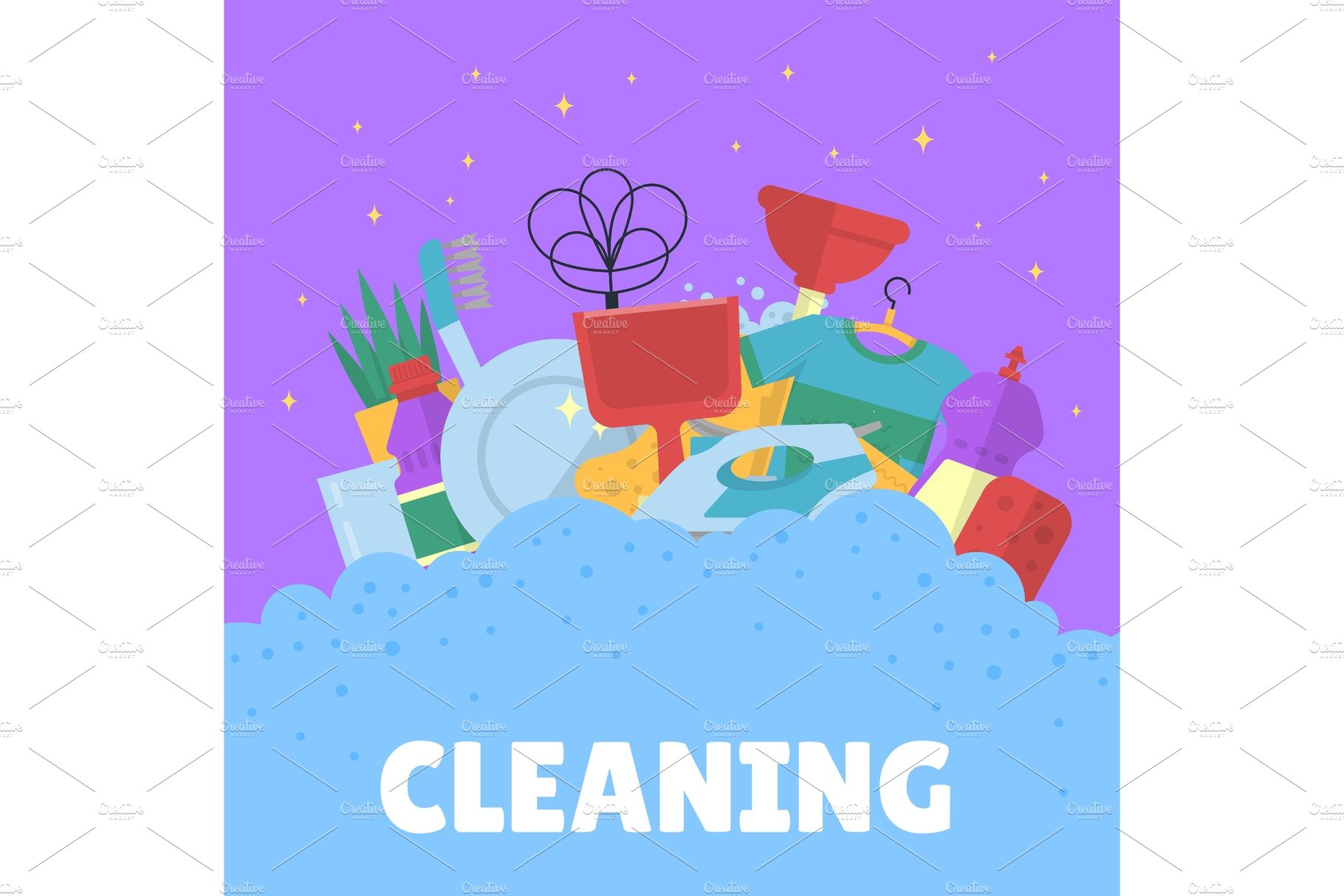 Vector cleaning flat icons with cover image.