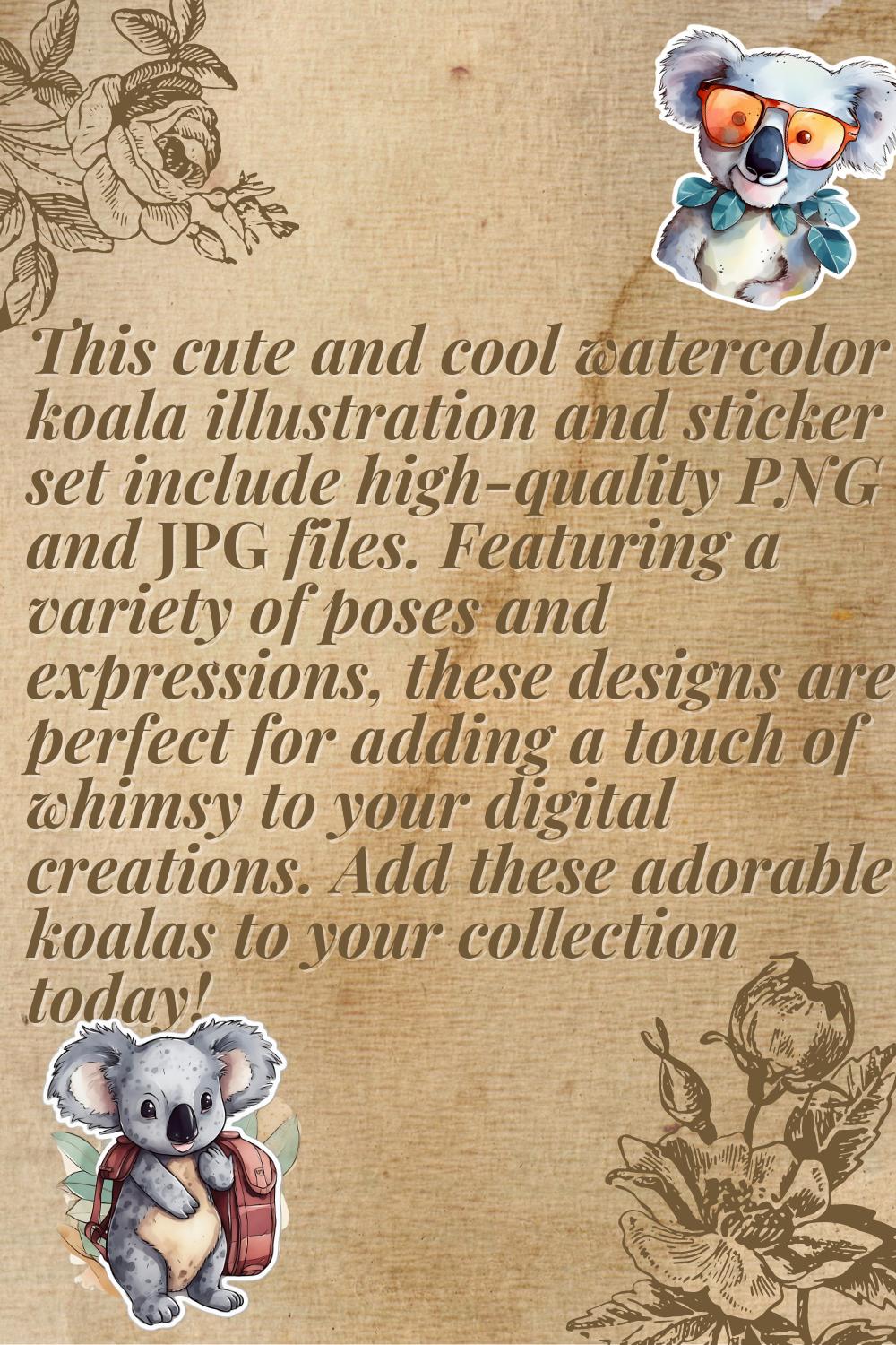 "Koalas in Watercolor: A Collection of Cute and Cool Stickers and Illustrations" pinterest preview image.