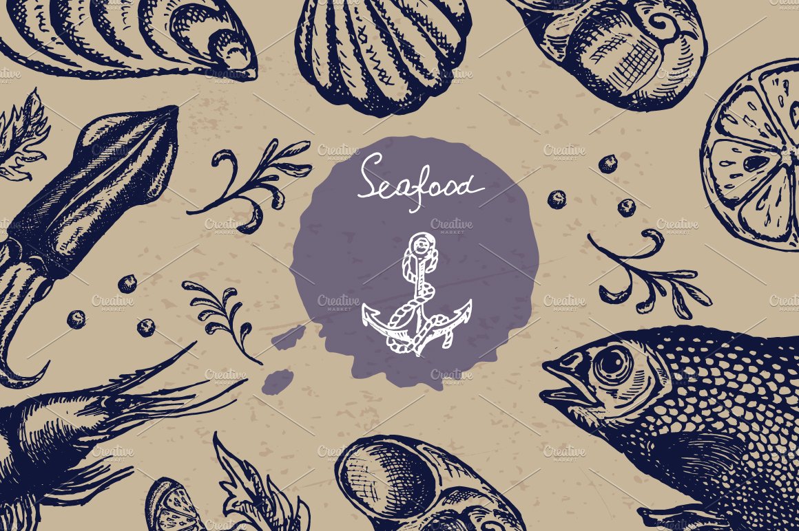 Vintage vector seafood set cover image.