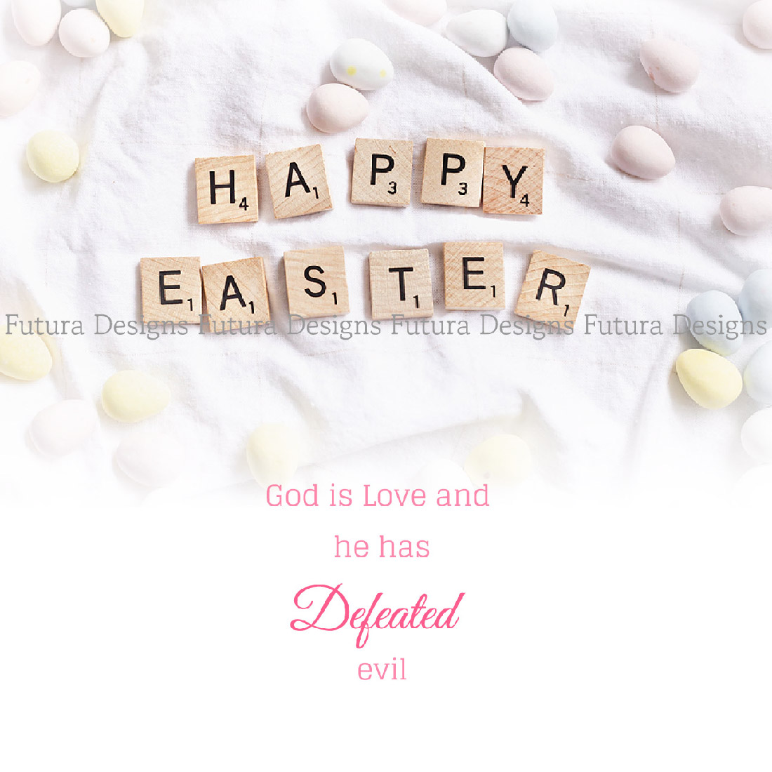 Happy easter card with the words god is love and he has dictated.