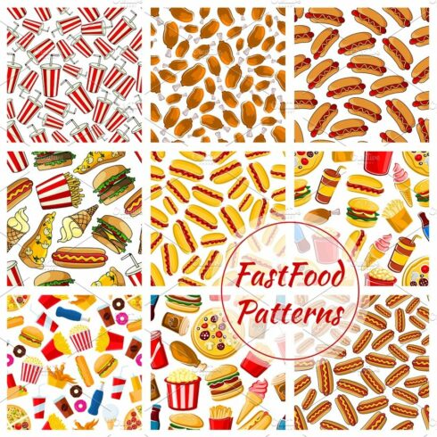 Fast food vector seamless patterns set cover image.
