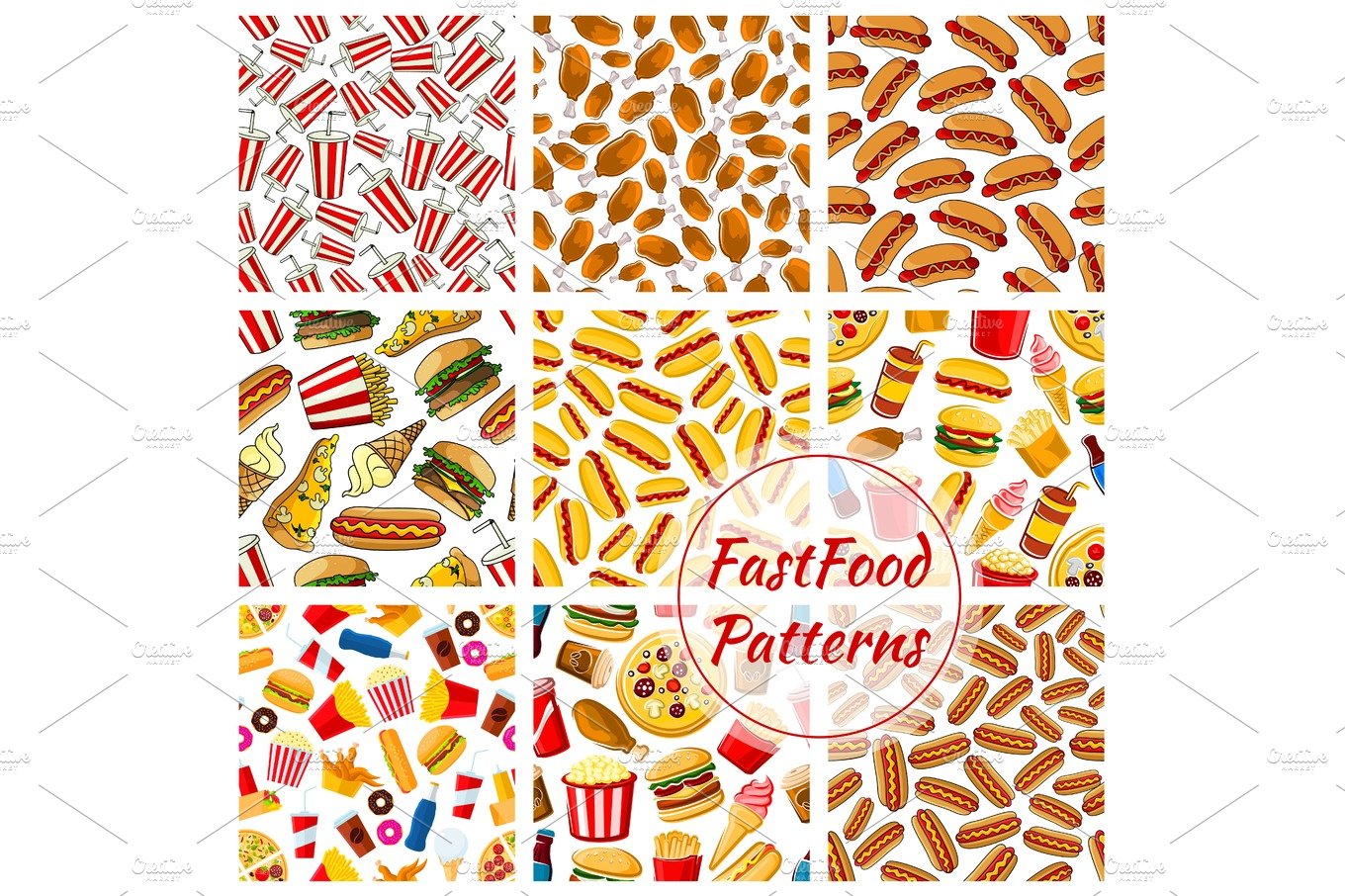 Fast food vector seamless patterns set cover image.