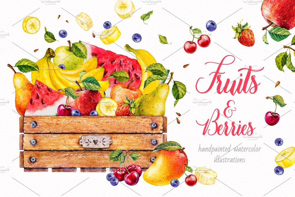 Fruits and berries. Watercolor. cover image.