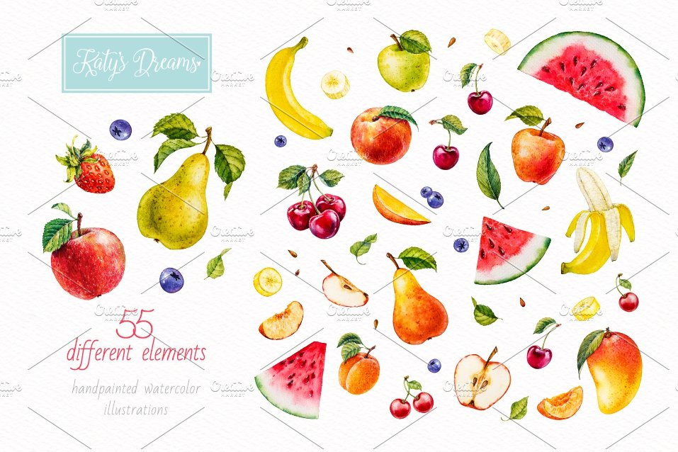 Fruits and berries. Watercolor. preview image.