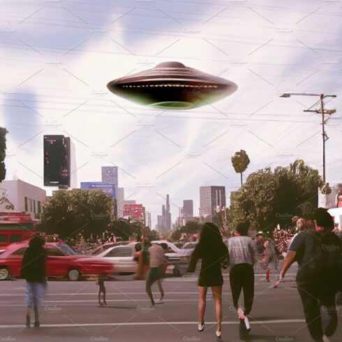 UFO flying over a city and people in panic running away. Alien invasion of ... cover image.