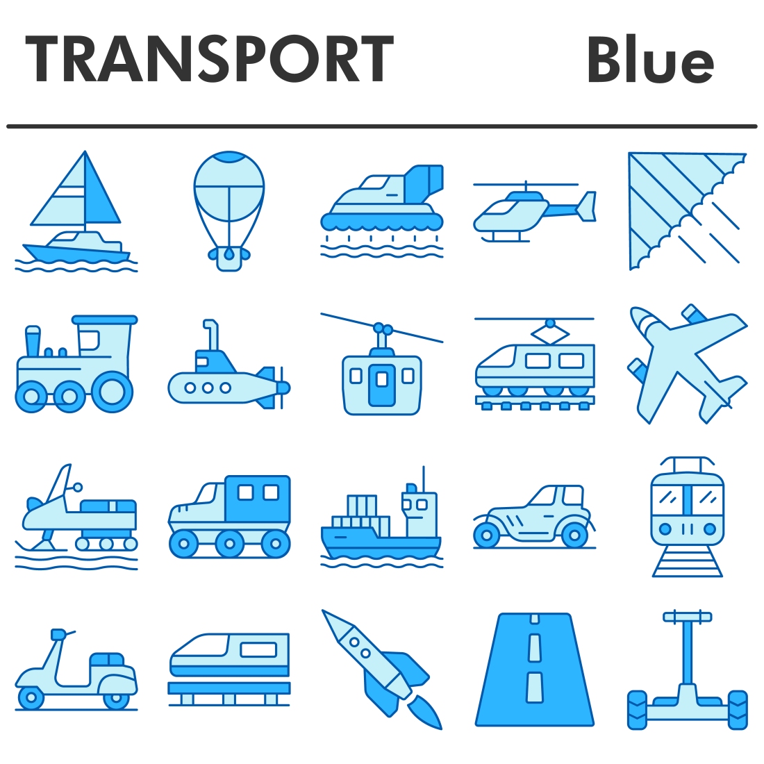 Transport icons set, blue style cover image.