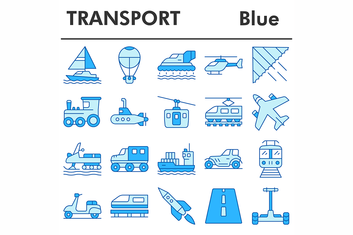 Transport icons set, blue style pinterest preview image.