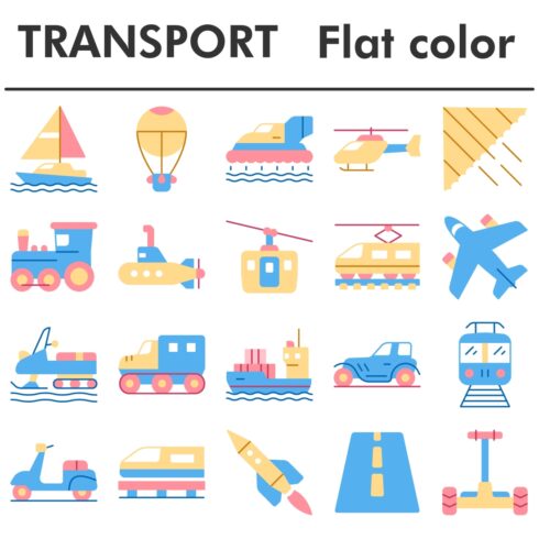 Transport icons set, flat color style cover image.