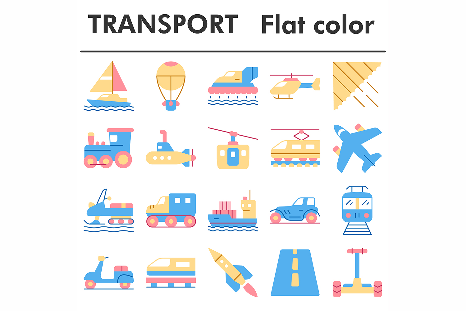 Transport icons set, flat color style pinterest preview image.