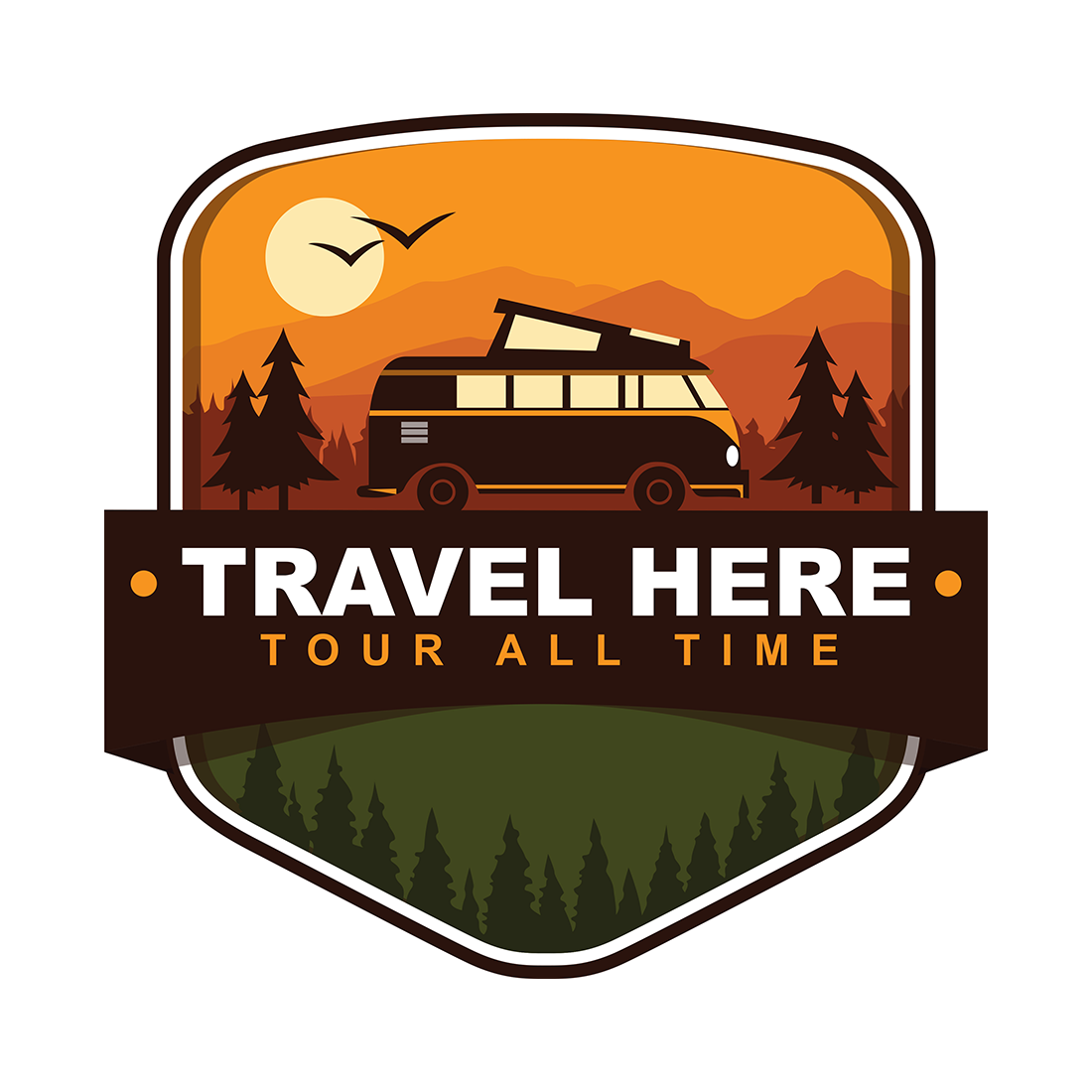 Logo for a travel company with a van in the background.