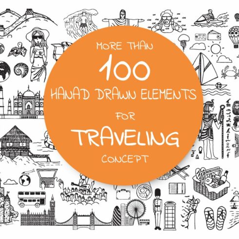 Hand drawn icons about traveling cover image.