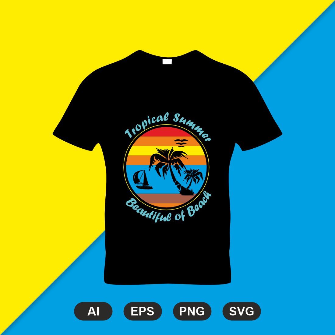 Black t - shirt with a sunset and palm trees on it.